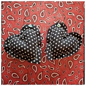 handmade primitive stuffed polka dot fabric heart statement earrings